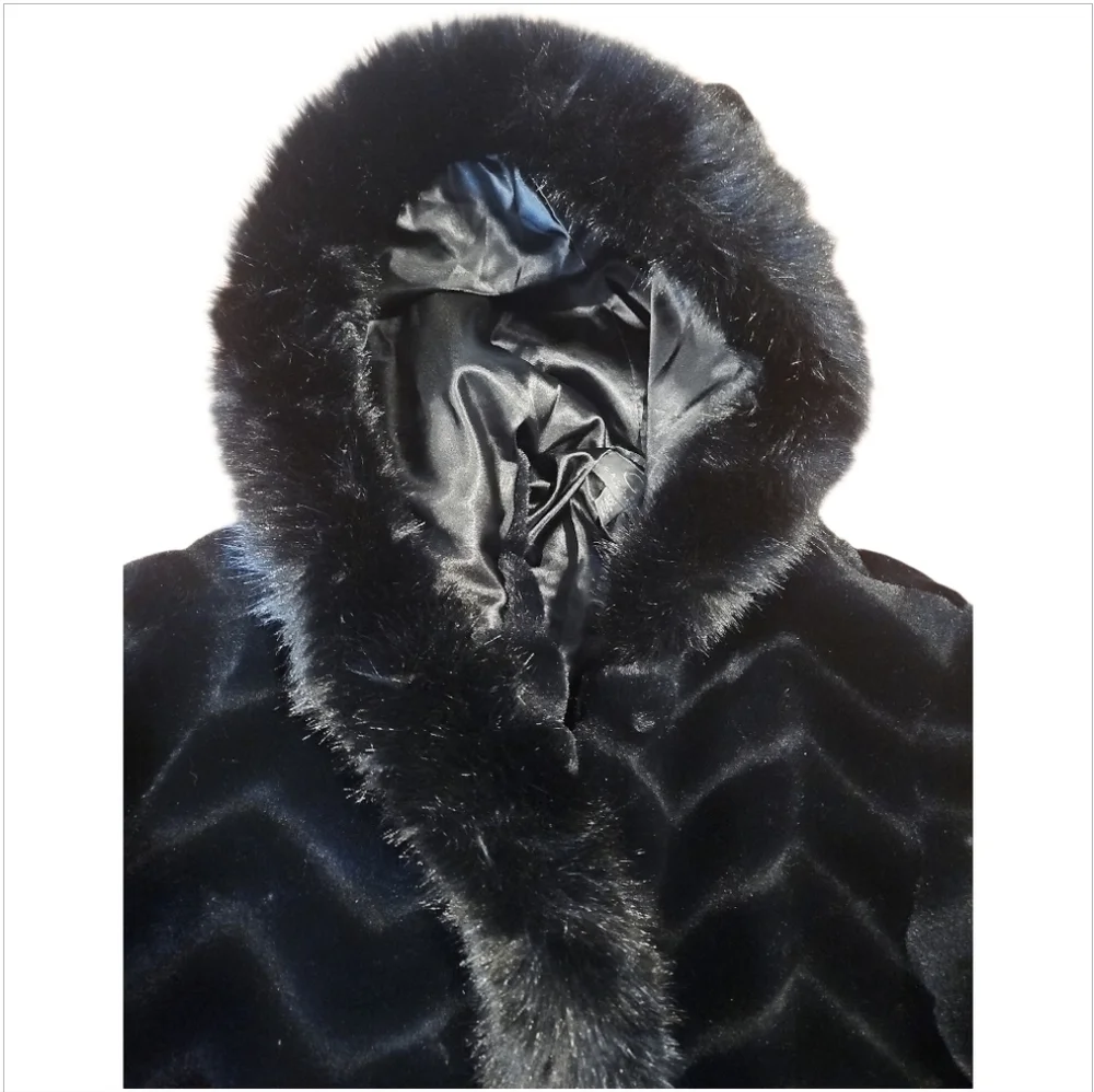 Gallery Hooded Black Faux Fur Jacket Sz L - Picture 10 of 16